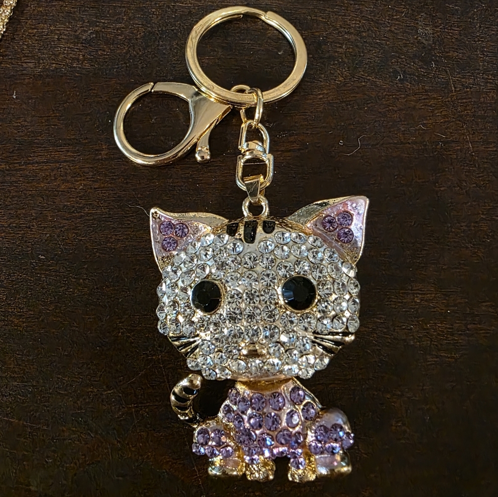 BETSY JOHNSON Gold Tone and Purple Cat Keychain